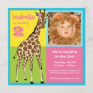 Fun Colourful Little Girl Giraffe Photo Invitation