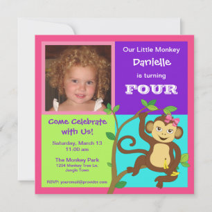 Fun Colourful Little Girl Monkey Photo Invitation