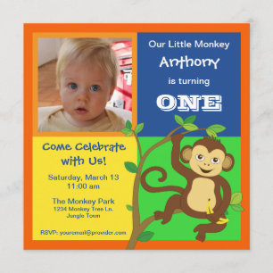 Fun Colourful Little Monkey Photo Invitation