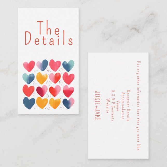 Fun colourful love hearts wedding The Details Enclosure Card (Front/Back)