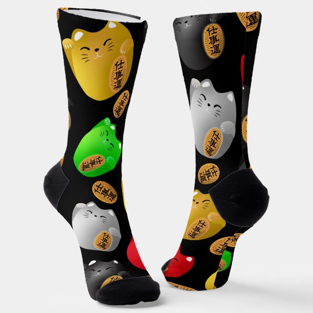 Fun Colourful Maneki-neko cats pattern on black Socks (Angled)