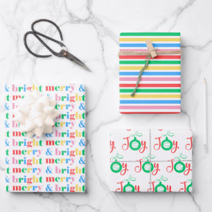 Fun Colourful Merry & Bright Christmas Holiday 3 Wrapping Paper Sheet