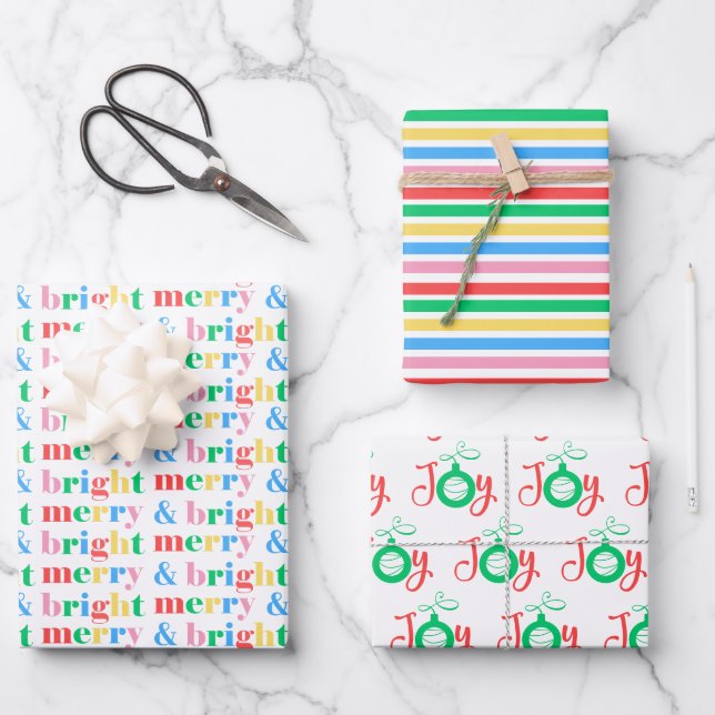 Fun Colourful Merry & Bright Christmas Holiday 3 Wrapping Paper Sheet (Front)