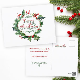 Fun Colourful Merry Christmas Holly Script Holiday Postcard
