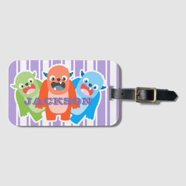 Fun Colourful Monsters Personalised Kids Luggage Tag (Front Horizontal)