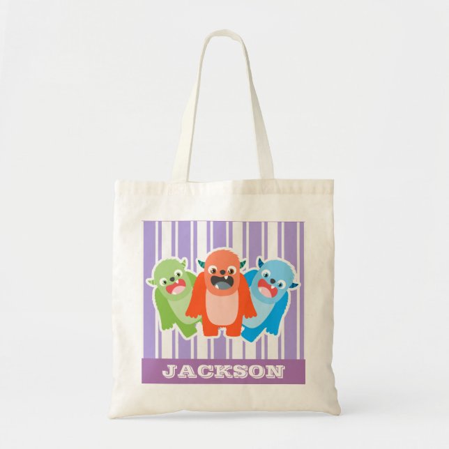 Fun Colourful Monsters Personalised Kids Tote Bag (Front)