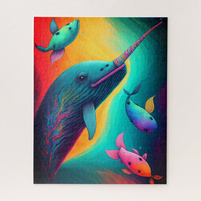 Fun Colourful Narwhal Fantasy Sea Creatures Rainbo Jigsaw Puzzle (Vertical)