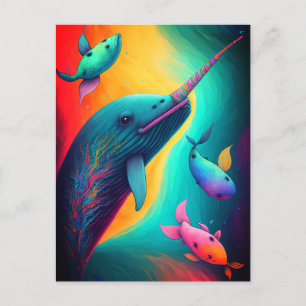 Fun Colourful Narwhal Fantasy Sea Creatures Rainbo Postcard