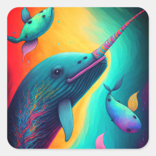 Fun Colourful Narwhal Fantasy Sea Creatures Rainbo Square Sticker