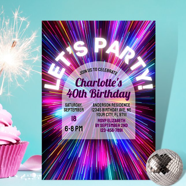 Fun Colourful Neon Glowing 80s Retro Birthday Invitation (Creator Uploaded)