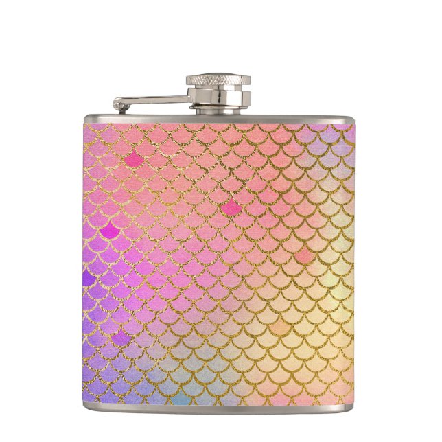Fun Colourful Ombre Pastel Mermaid Pattern Hip Flask (Front)