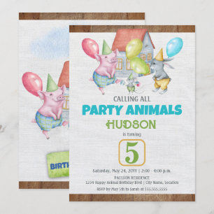 Fun Colourful Party Animals Boy Birthday Invitation