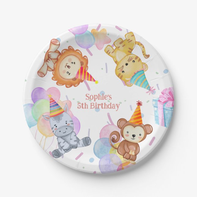 Fun Colourful Party Animals Safari Birthday Paper Plate (Front)