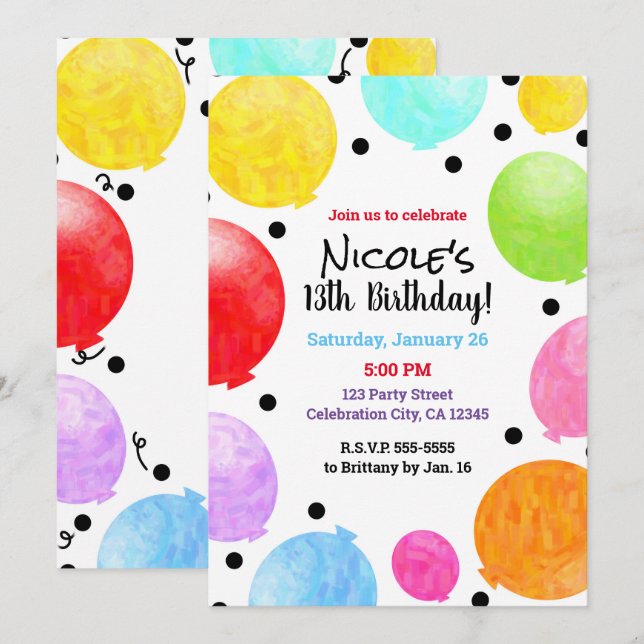 Fun Colourful Party Balloons Birthday Celebration Invitation (Front/Back)