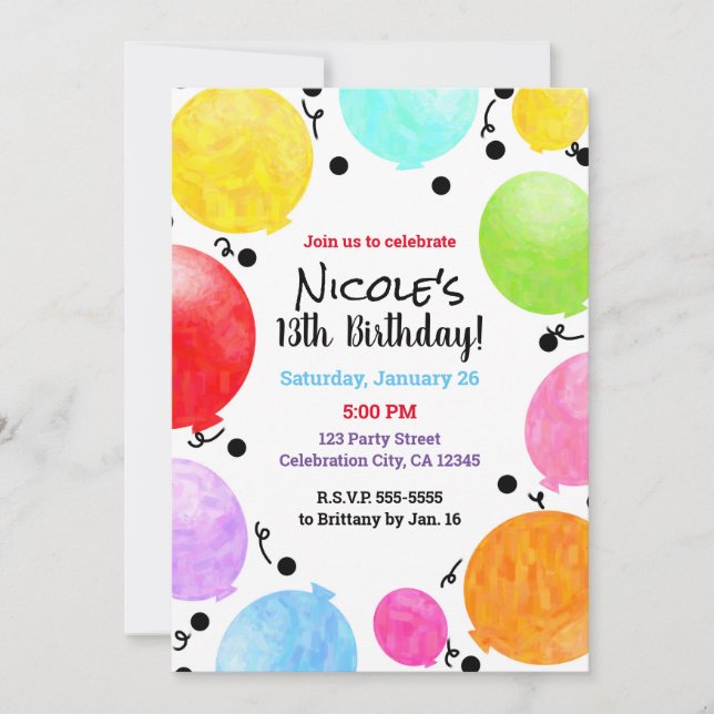 Fun Colourful Party Balloons Birthday Celebration  Invitation (Front)