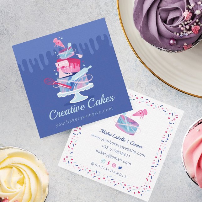 Fun Colourful Pastry Cakes Bakery & Tools Pink Dri Square Business Card (Creator Uploaded)