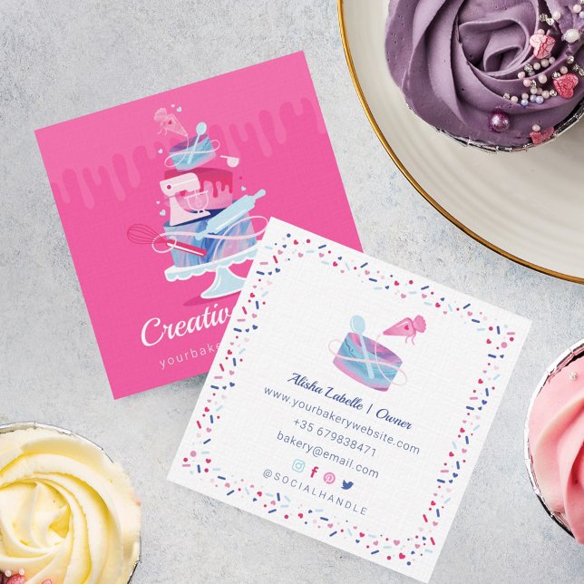 Fun Colourful Pastry Cakes Bakery & Tools Pink Dri Square Business Card (Creator Uploaded)