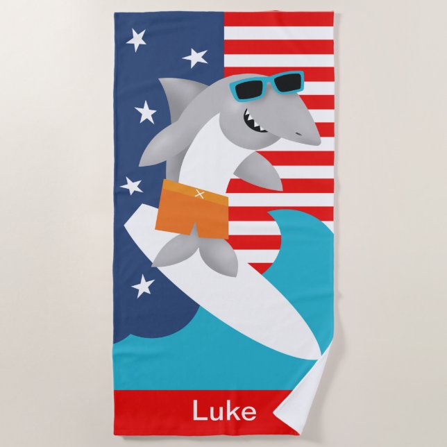 Fun Colourful Patriotic Surfing Shark Colour Block Beach Towel (Front)