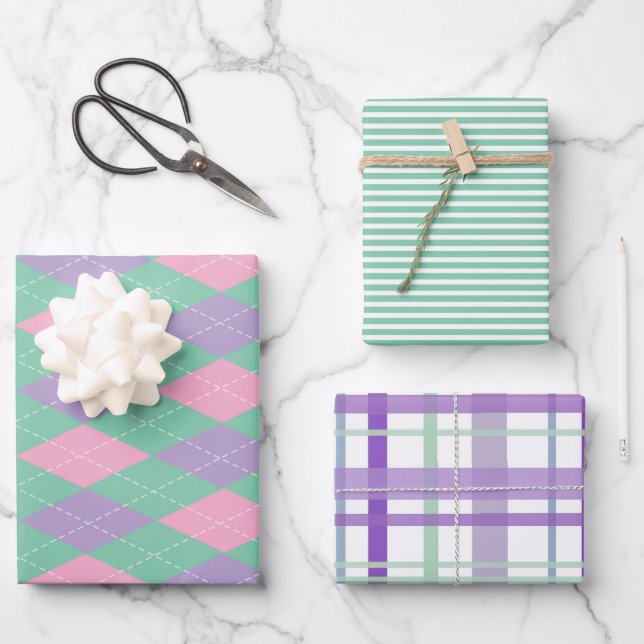 Fun colourful patterns wrapping paper set (Front)