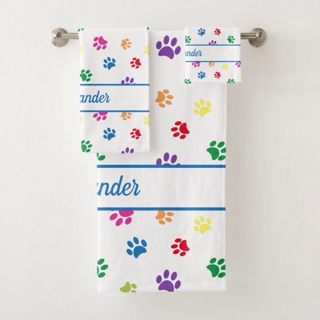 Fun Colourful Paw Prints Personalised Bath Towel Set (Insitu)