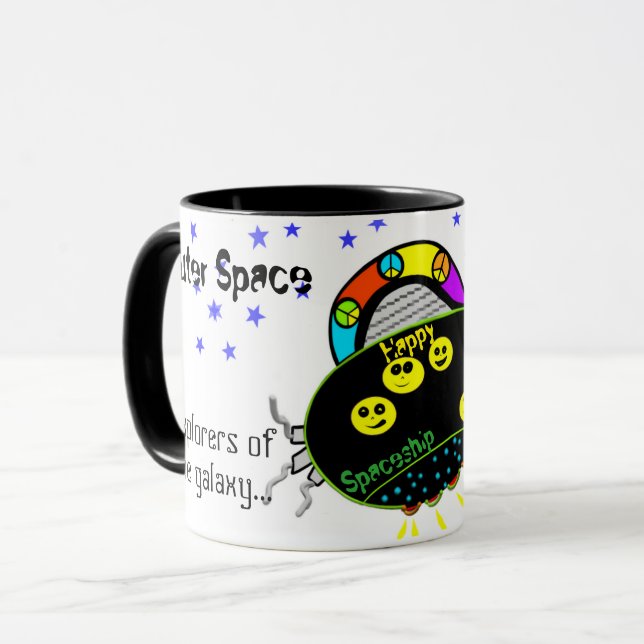 Fun Colourful Peace Happy Spaceship Mug (Front Left)
