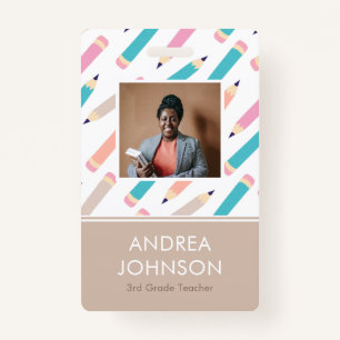 Fun Colourful Pencil Pattern Primary Teacher Photo ID Badge