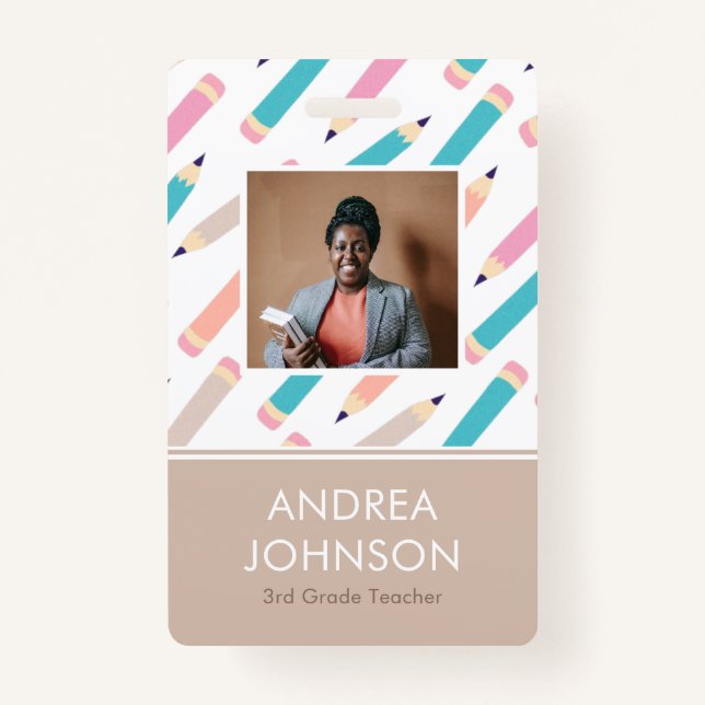 Fun Colourful Pencil Pattern Primary Teacher Photo ID Badge (Front)