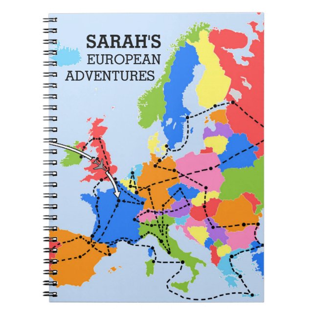 Fun Colourful Personalised European Travel Journal (Front)