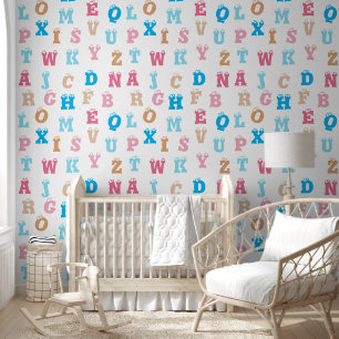 Fun, Colourful Pink Blue Gold Kids Alphabet Letter Wallpaper