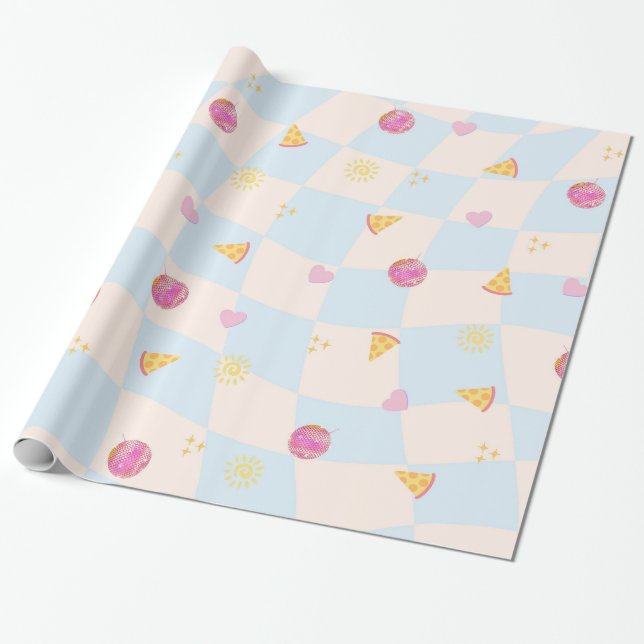 Fun Colourful Pizza Birthday Wrapping Paper (Unrolled)