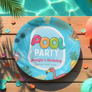 Fun & Colourful Pool Party   Palm Swimming Birthda Paper Plate