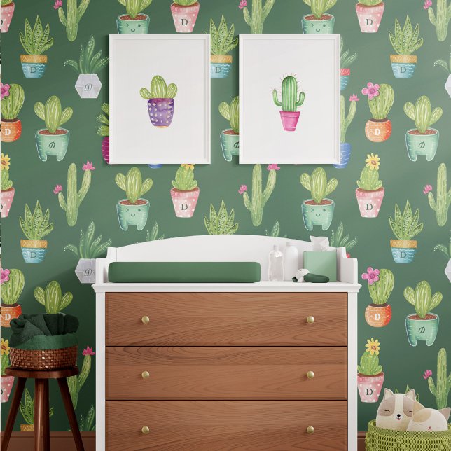 Fun Colourful Potted Cactus Plants Custom Monogram Wallpaper (Fun Colorful Potted Cactus Plants Custom Monogram Wallpaper)
