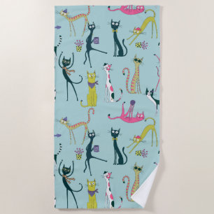 Fun Colourful Quirky Cats Pattern Beach Towel