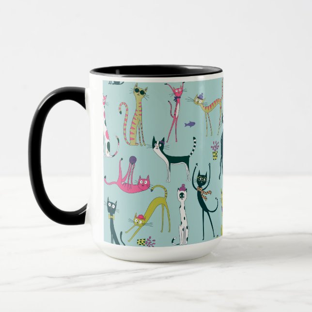Fun Colourful Quirky Cats Pattern Mug (Left)