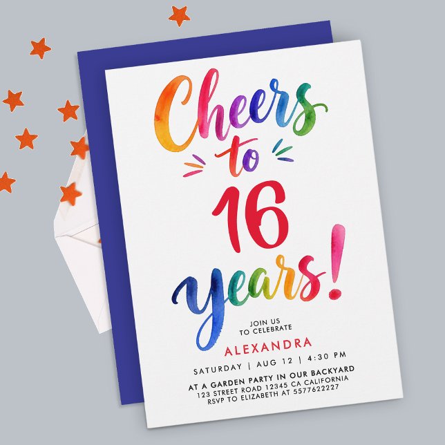Fun Colourful Rainbow Cheers Watercolor Bold Scrip Invitation (Creator Uploaded)