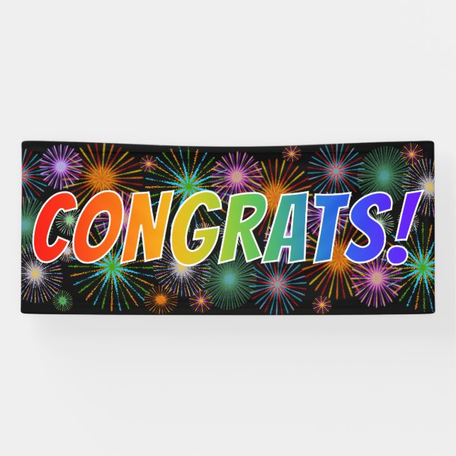 Fun, Colourful, Rainbow "CONGRATS!" + Fireworks Banner (Horizontal)