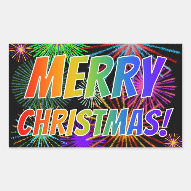 Fun, Colourful, Rainbow Spectrum "MERRY CHRISTMAS! Rectangular Sticker (Front)