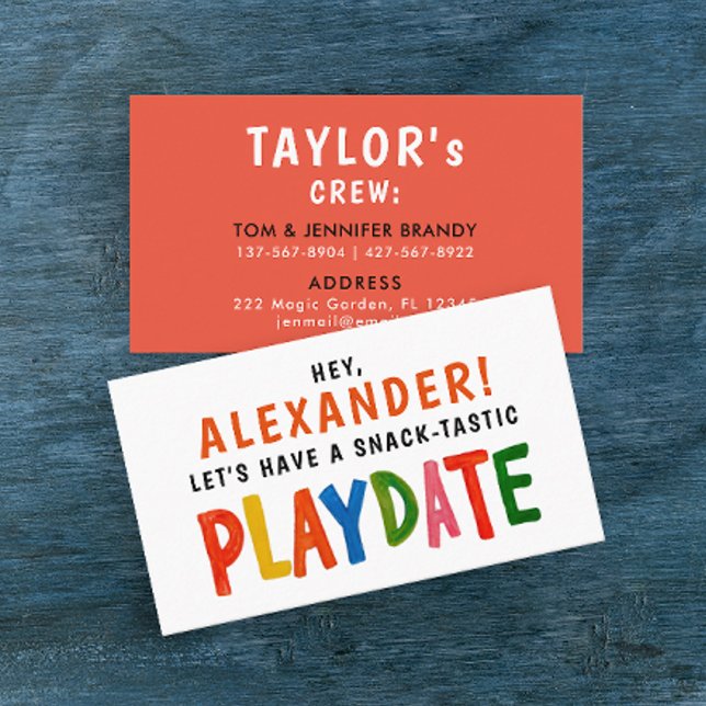 Fun Colourful Red Playdate Kid Modern Script Business Card (Creator Uploaded)