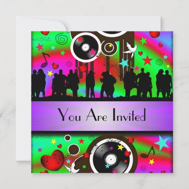 Fun colourful retro music  party invitation (Front)