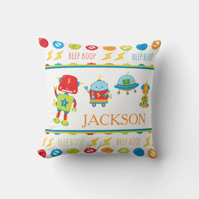 Fun Colourful Robot Beep Boop Pattern Kid Cushion (Front)