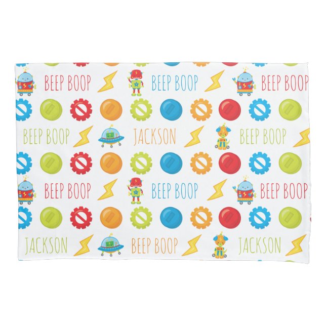 Fun Colourful Robot Beep Boop Pattern Kid Pillowcase (Front)