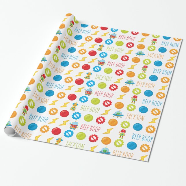 Fun Colourful Robot Beep Boop Pattern Kid Wrapping Paper (Unrolled)