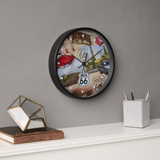Fun Colourful Route 66 Collage Pattern Clock (Office)