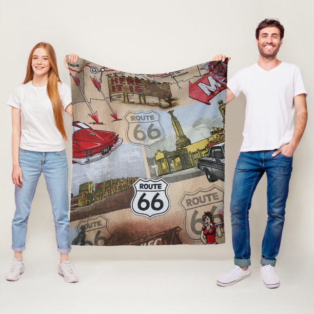 Fun Colourful Route 66 Collage Pattern Fleece Blanket (In Situ)