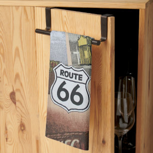 Fun Colourful Route 66 Collage Pattern Tea Towel