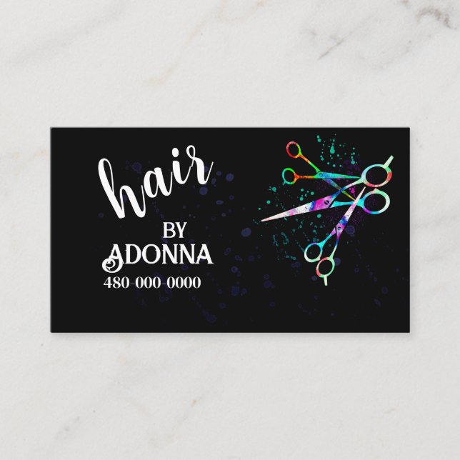 fun colourful scissors art on black bold  business card (Front)