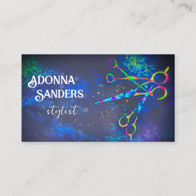 fun colourful scissors art on dark blue custom business card (Front)