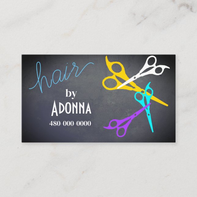 fun colourful scissors hair stylist salon grey  business card (Front)