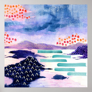 Fun Colourful Scottish Loch Watercolour Poster