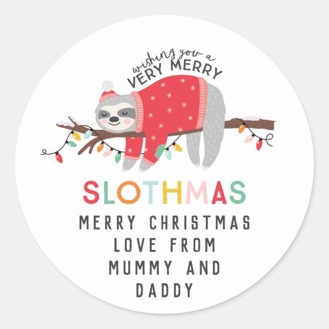 fun colourful sloth christmas classic round sticker (Front)